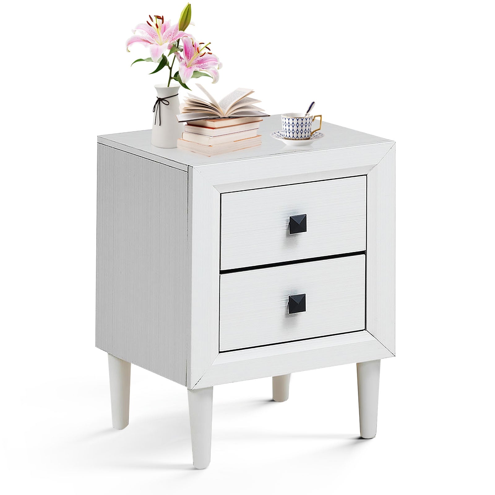 Multipurpose Retro Bedside Nightstand with 2 Drawers-White