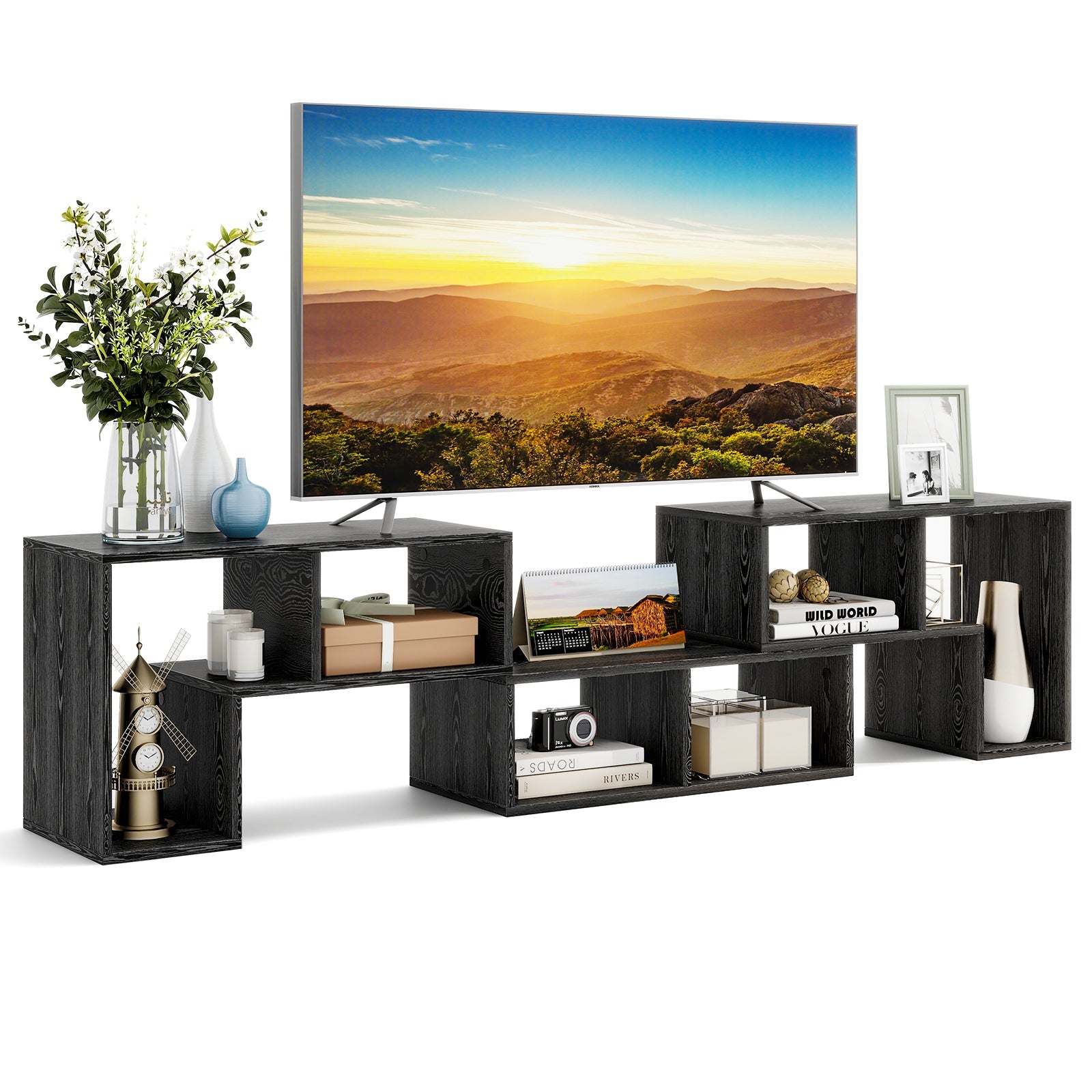3 Pieces Adjustable TV Stand for TVs up to 65 Inch with Shelves-Mixed Black