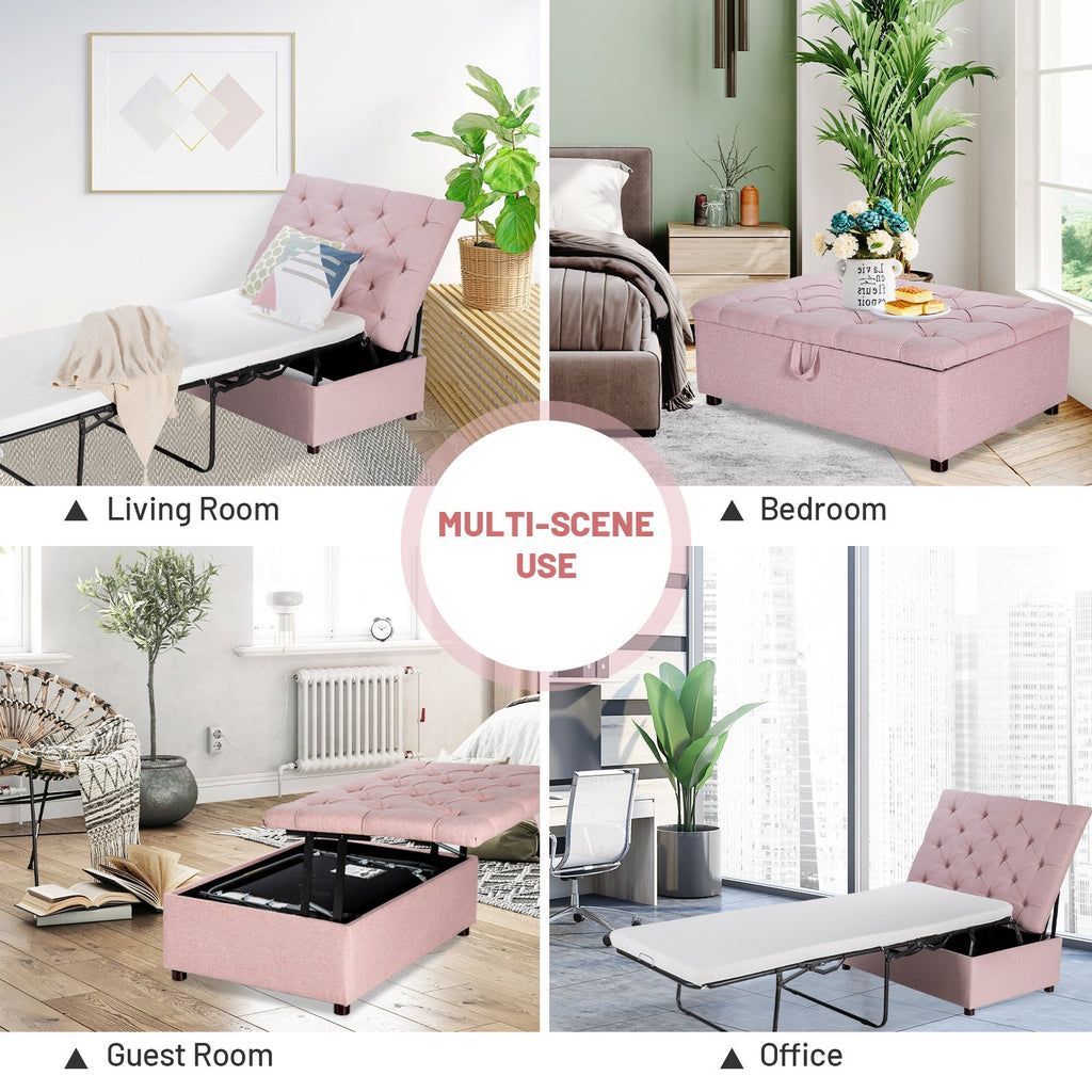 Folding Ottoman Sleeper Bed with Mattress for Guest Bed and Office Nap-Pink