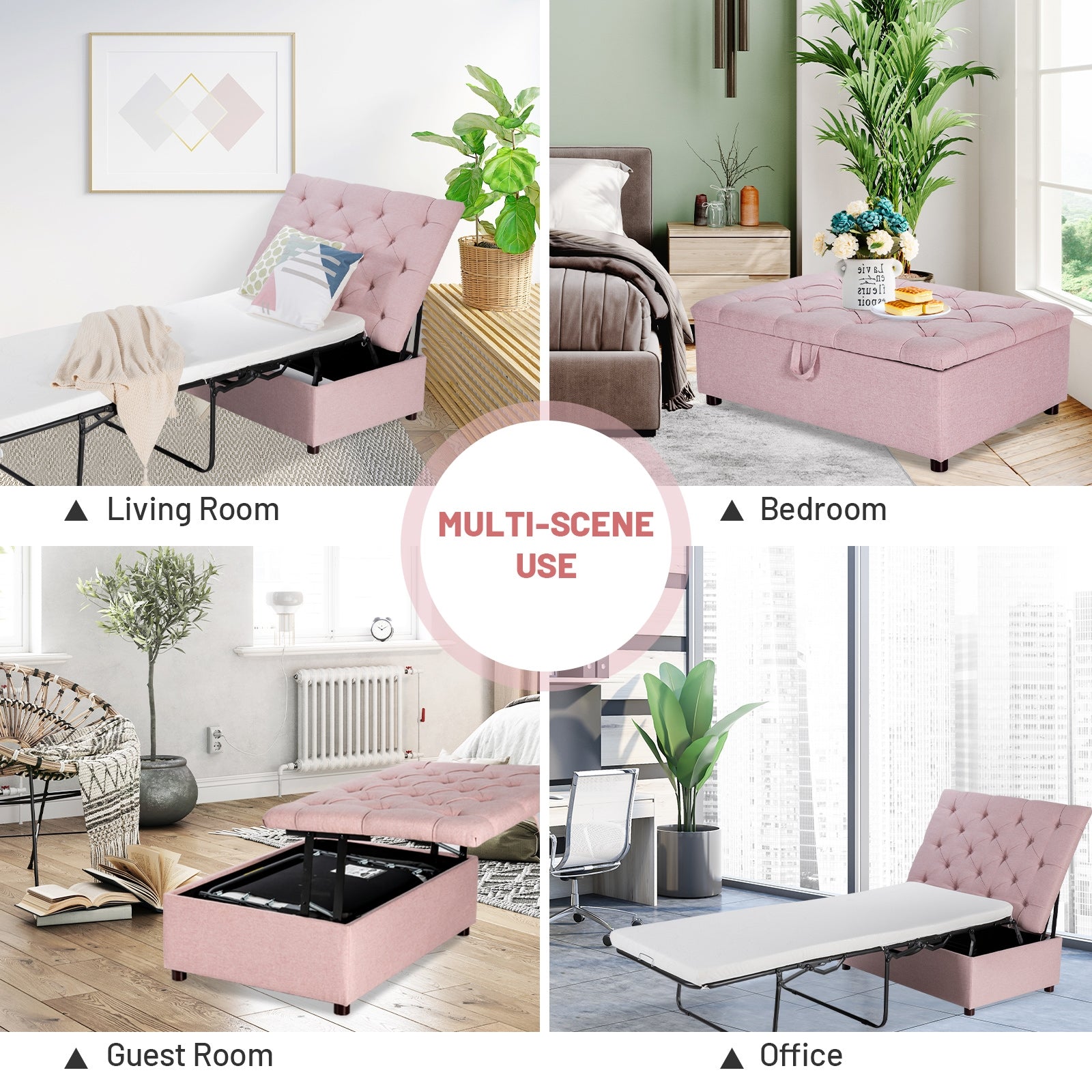 Folding Ottoman Sleeper Bed with Mattress for Guest Bed and Office Nap-Pink