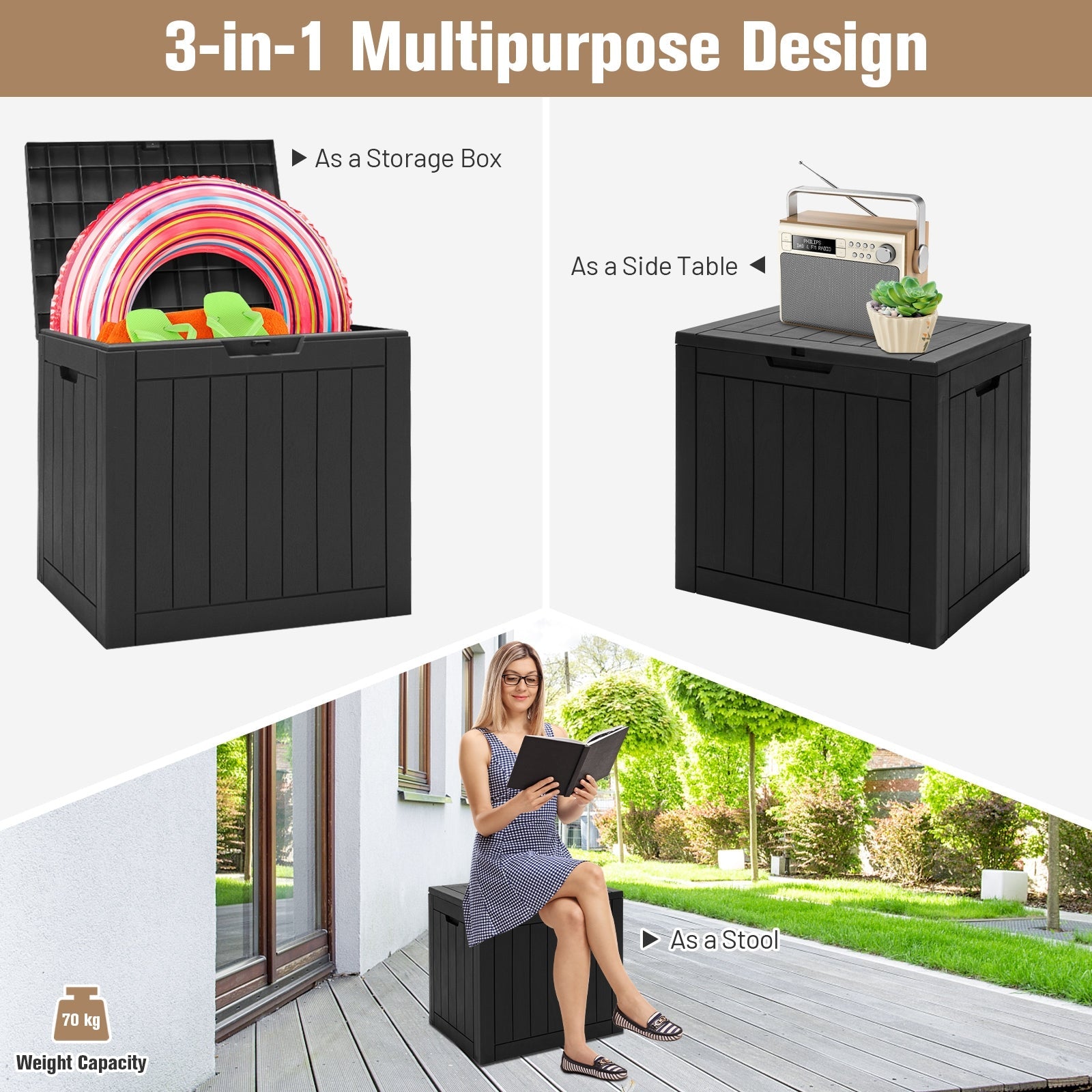 30 Gallon Deck Box Storage Container Seating Tools-Black