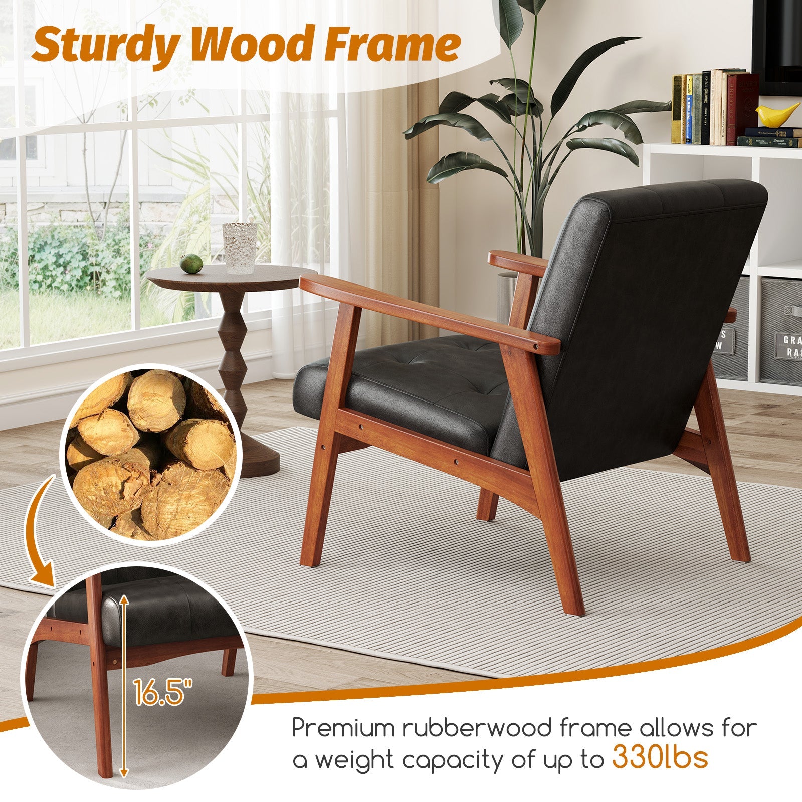Mid Century Accent Chair with Solid Rubber Wood Frame and Leather Cover-Black