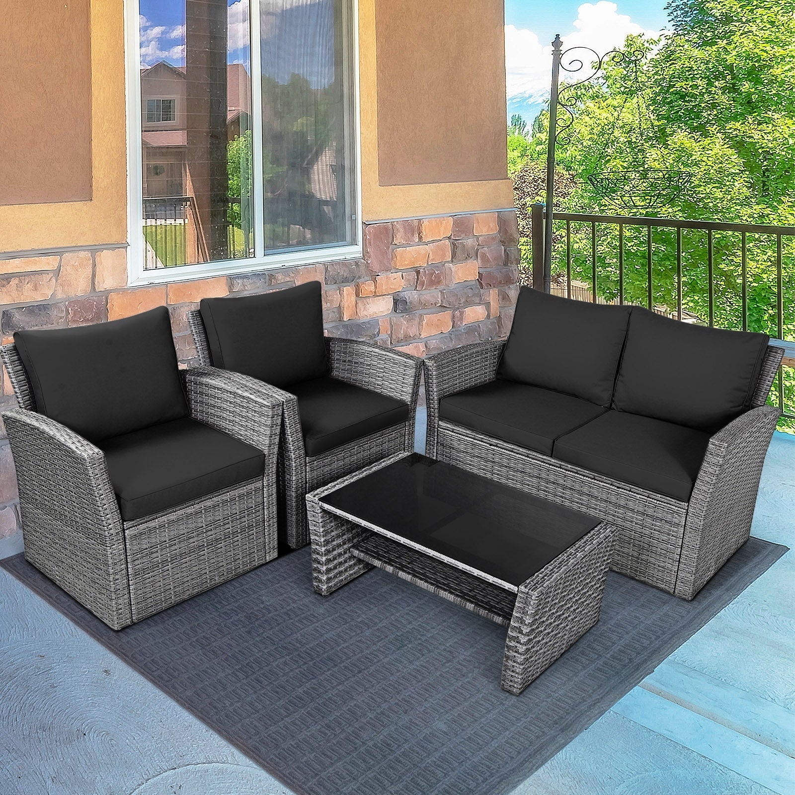 4 Pieces Patio Rattan Furniture Set Sofa Table with Storage Shelf Cushion-Black
