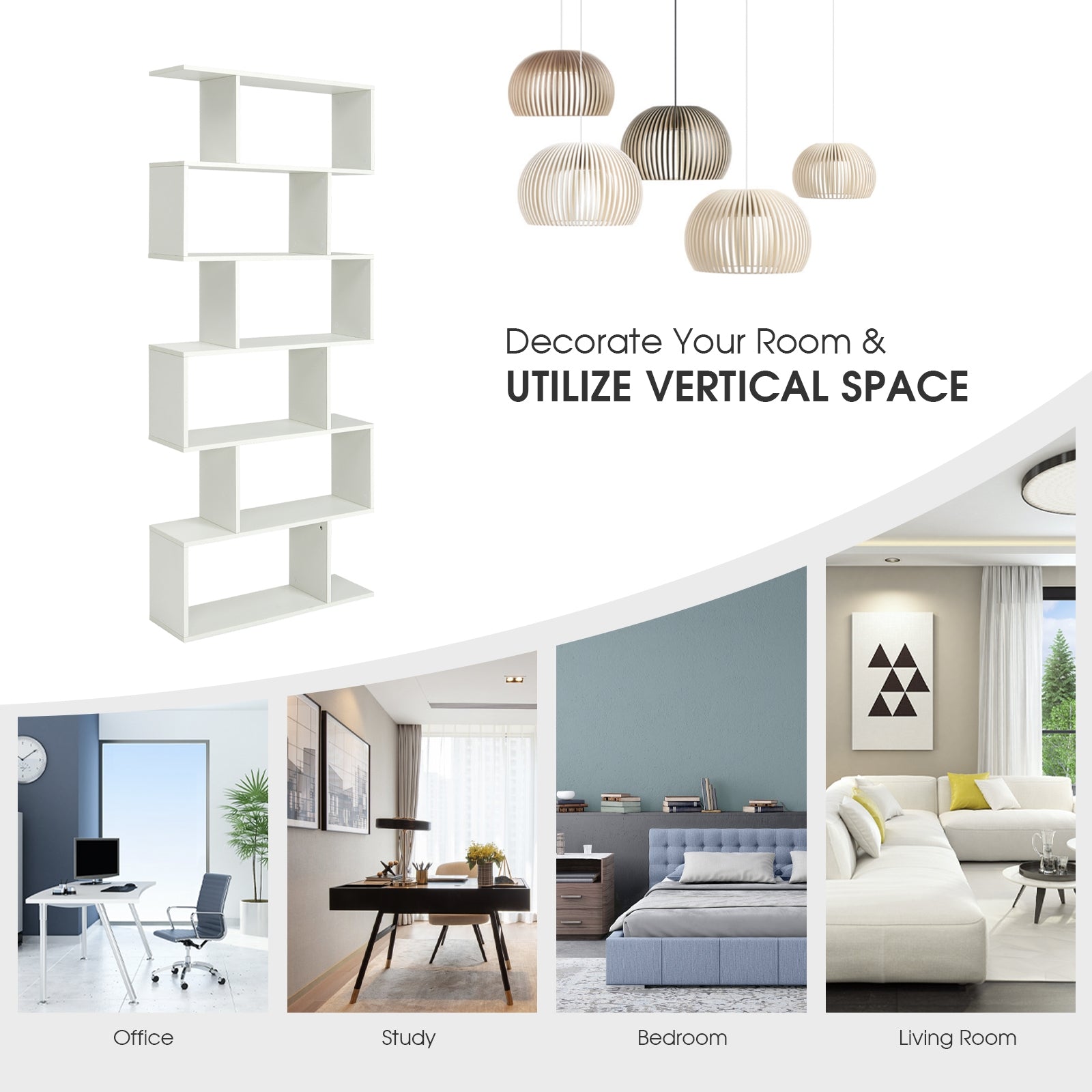 6 Tier S-Shaped Bookshelf Storage Display Bookcase Decor Z-Shelf -White