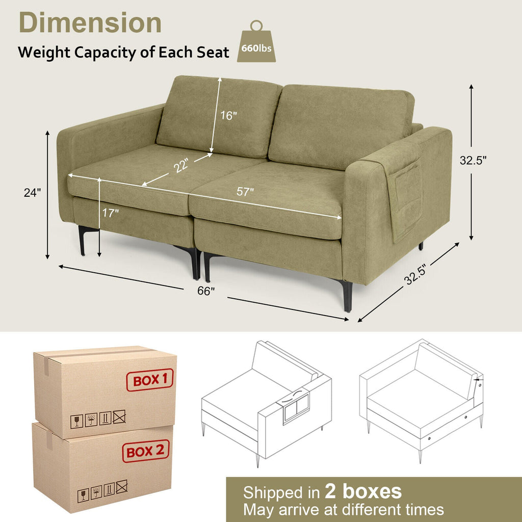 Modern Loveseat Sofa Couch with Side Storage Pocket and Sponged Padded Seat Cushions-Green