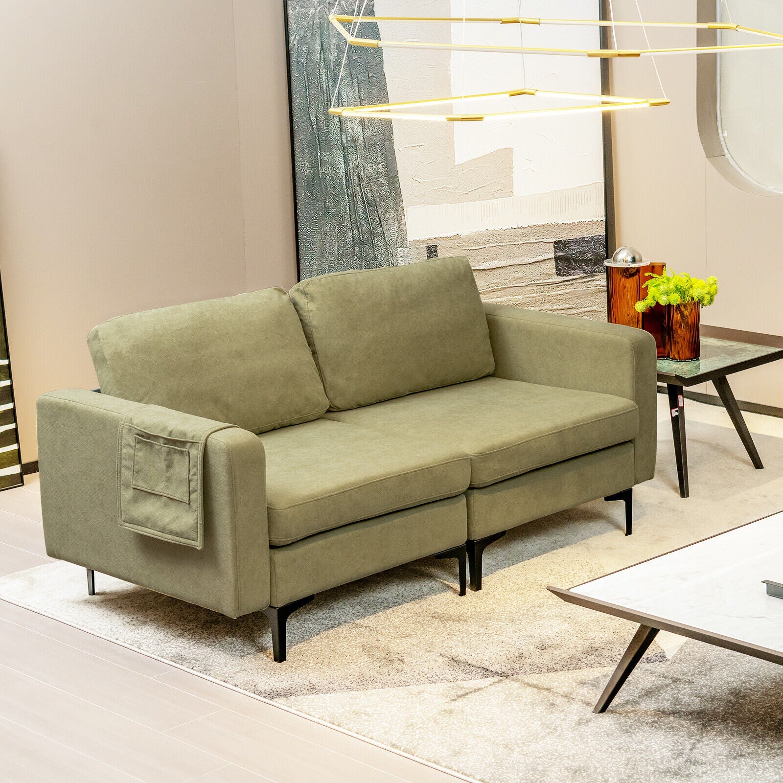 Modern Loveseat Sofa Couch with Side Storage Pocket and Sponged Padded Seat Cushions-Green