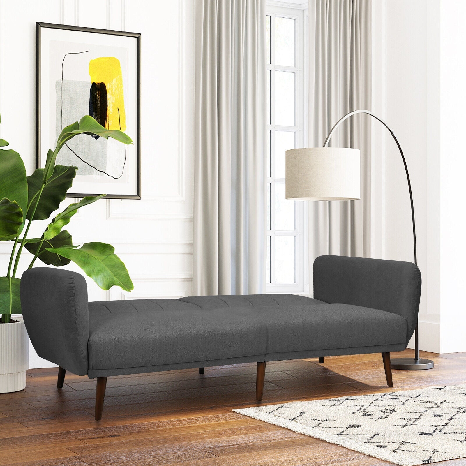 Convertible Futon Sofa Bed Adjustable Couch Sleeper with Wood Legs-Gray
