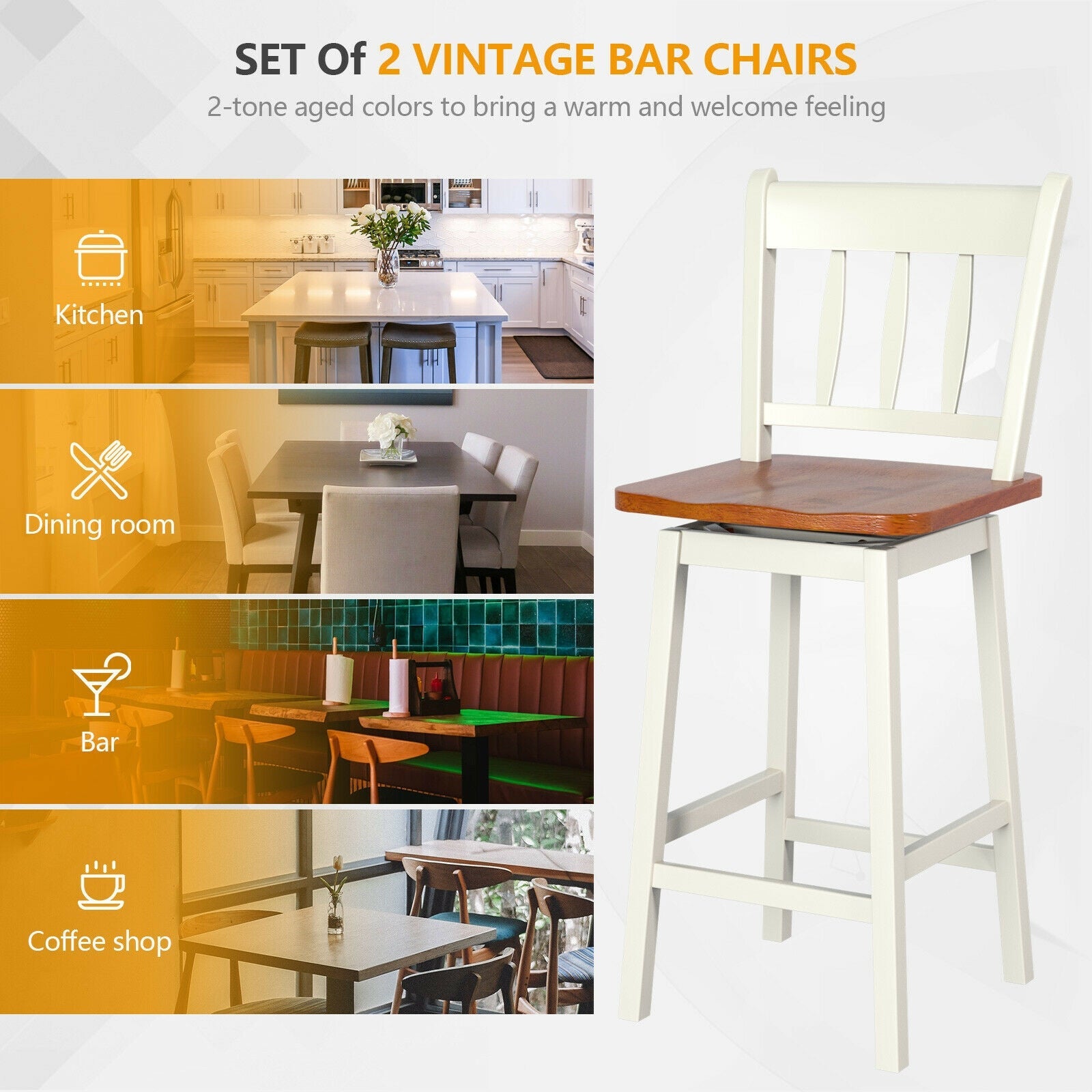 24.5 Inches Set of 2 Swivel Bar Stools with 360° Swiveling-White