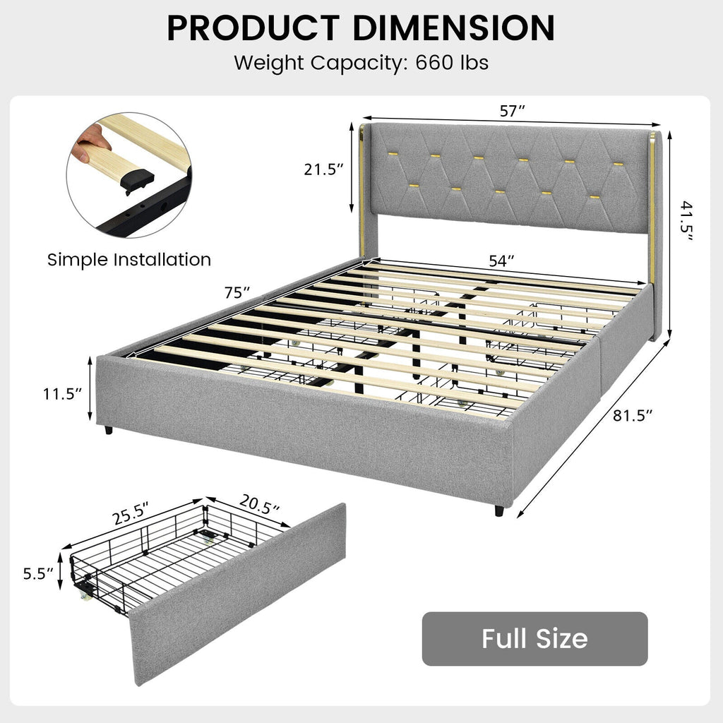 Full/Queen Size Upholstered Bed Frame with 4 Drawers-Silver-Full Size