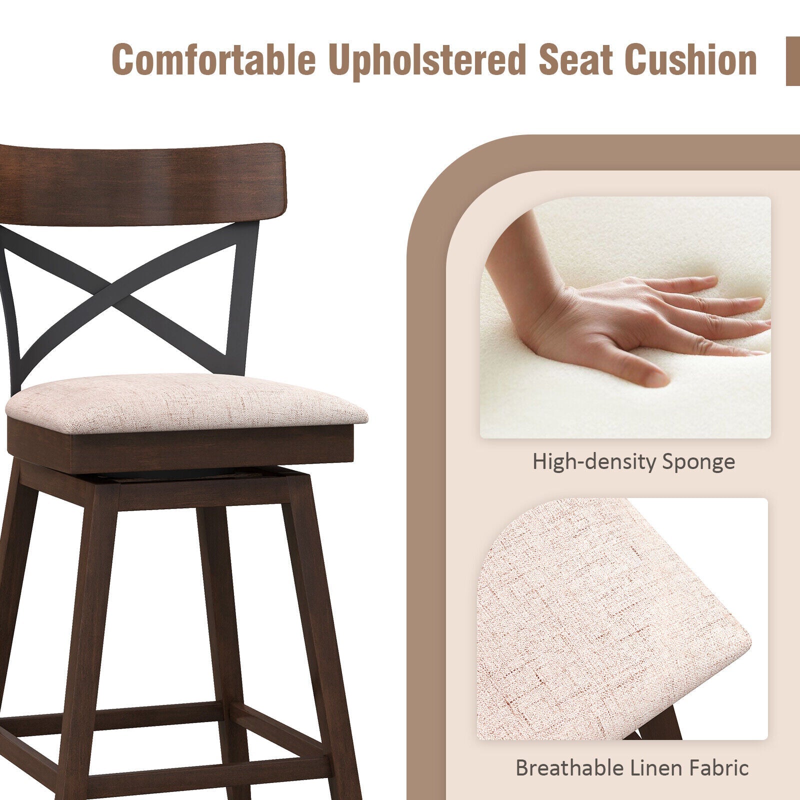 Set of 2 Wooden Swivel Bar Stools with Cushioned Seat and Open X Back-25 Inch