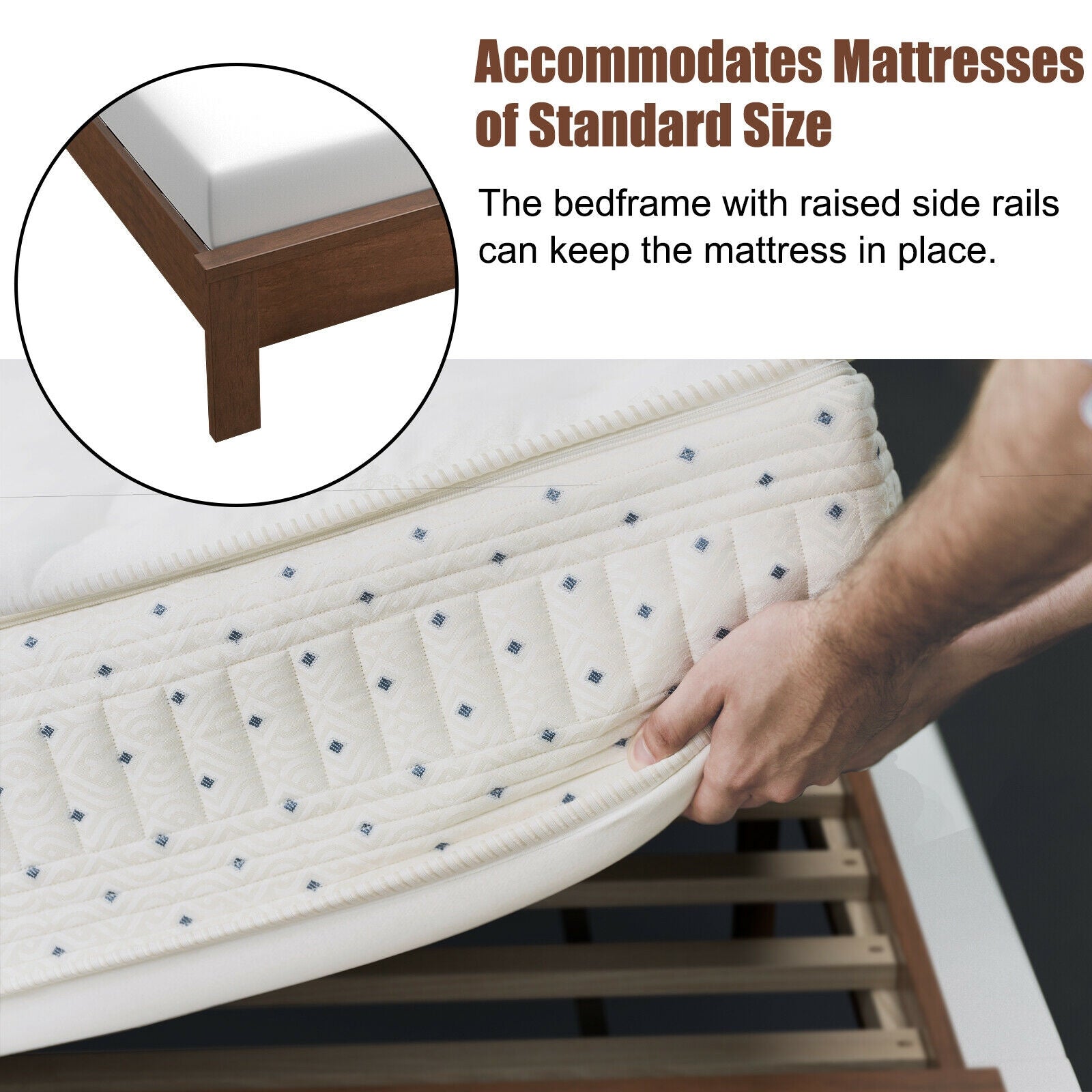Queen Size Bed Frame Platform Slat High Headboard Bedroom with Rubber Wood Leg-Walnut