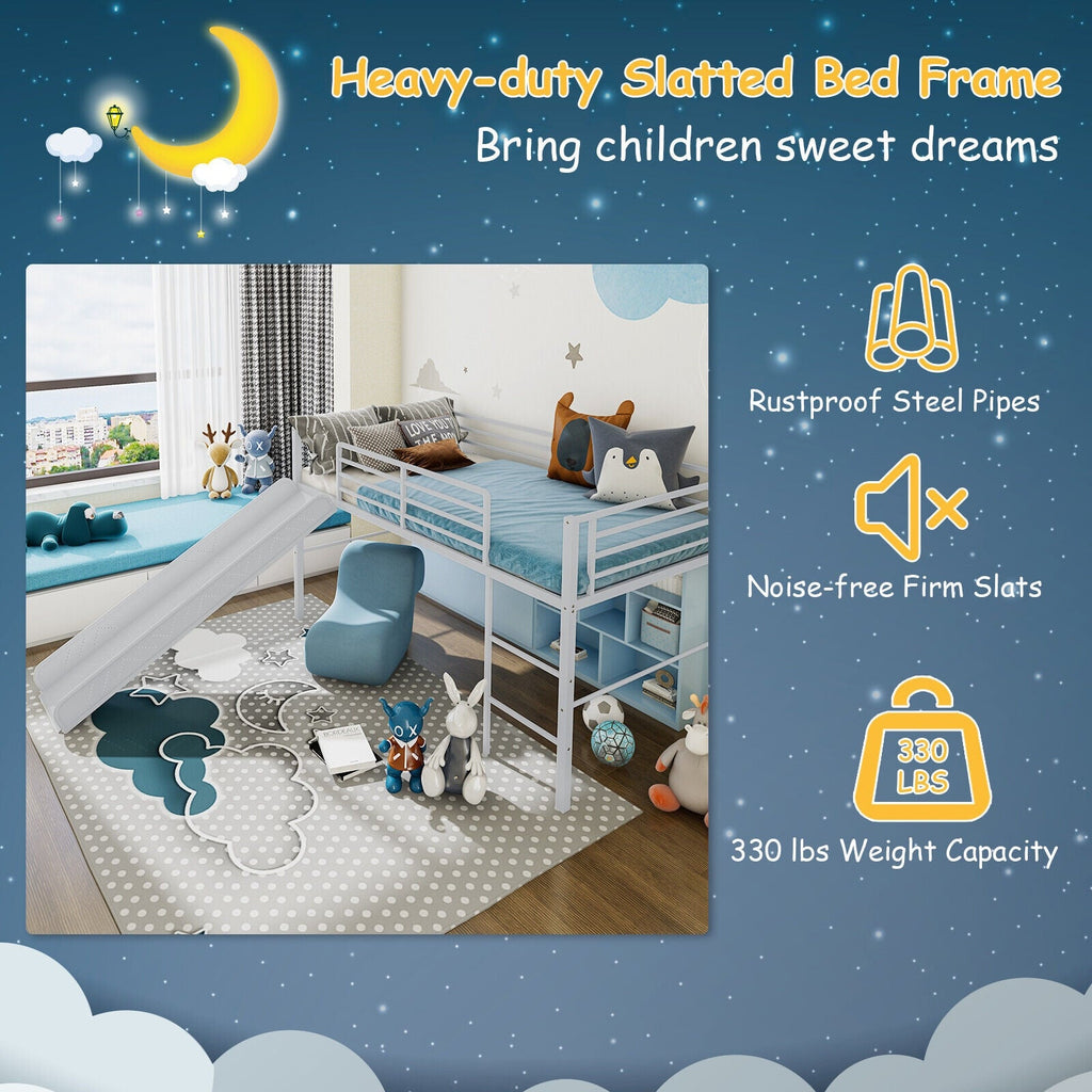 Twin Metal Loft Bed with Slide Safety Guardrails and Built-in Ladder-Silver