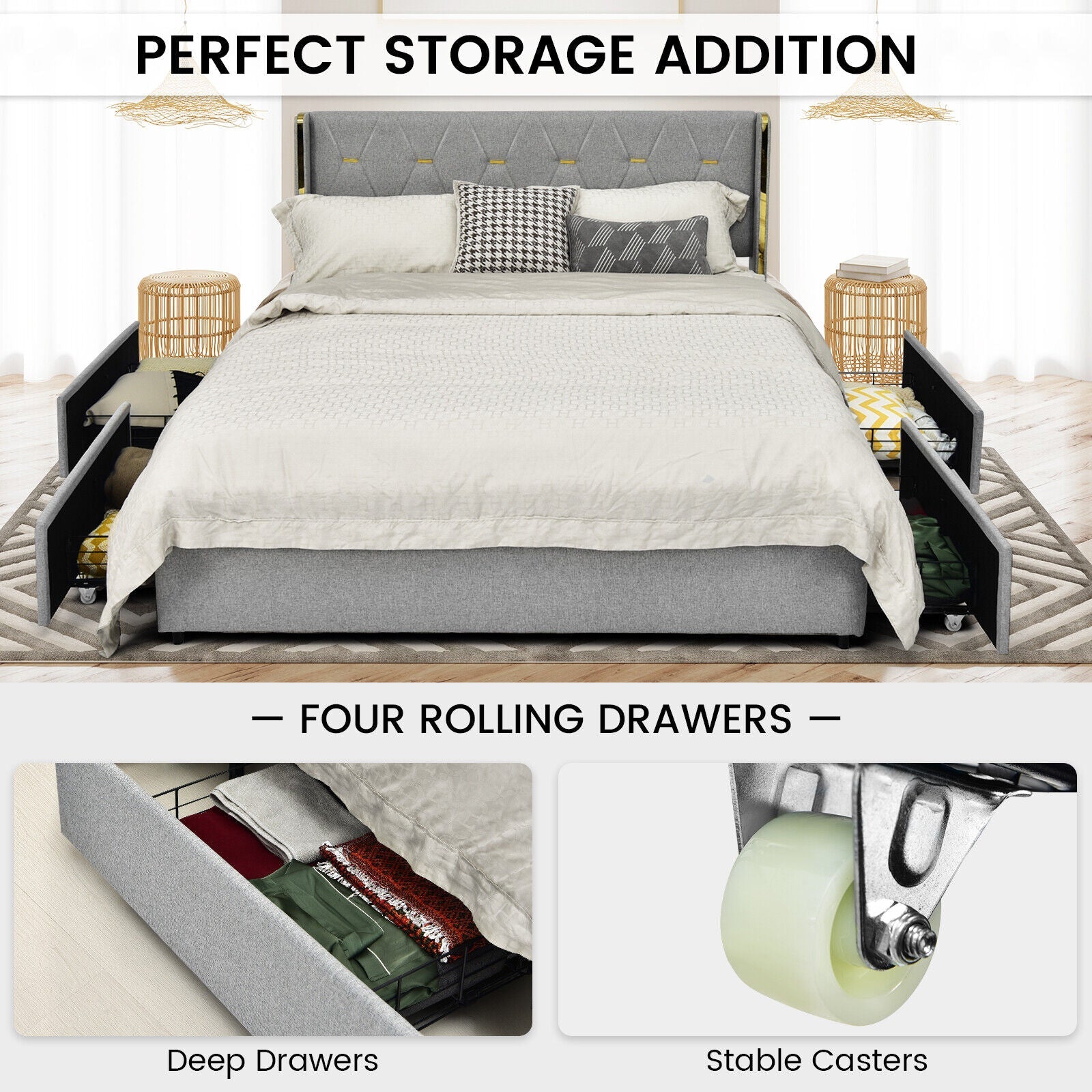 Full/Queen Size Upholstered Bed Frame with 4 Drawers-Silver-Full Size