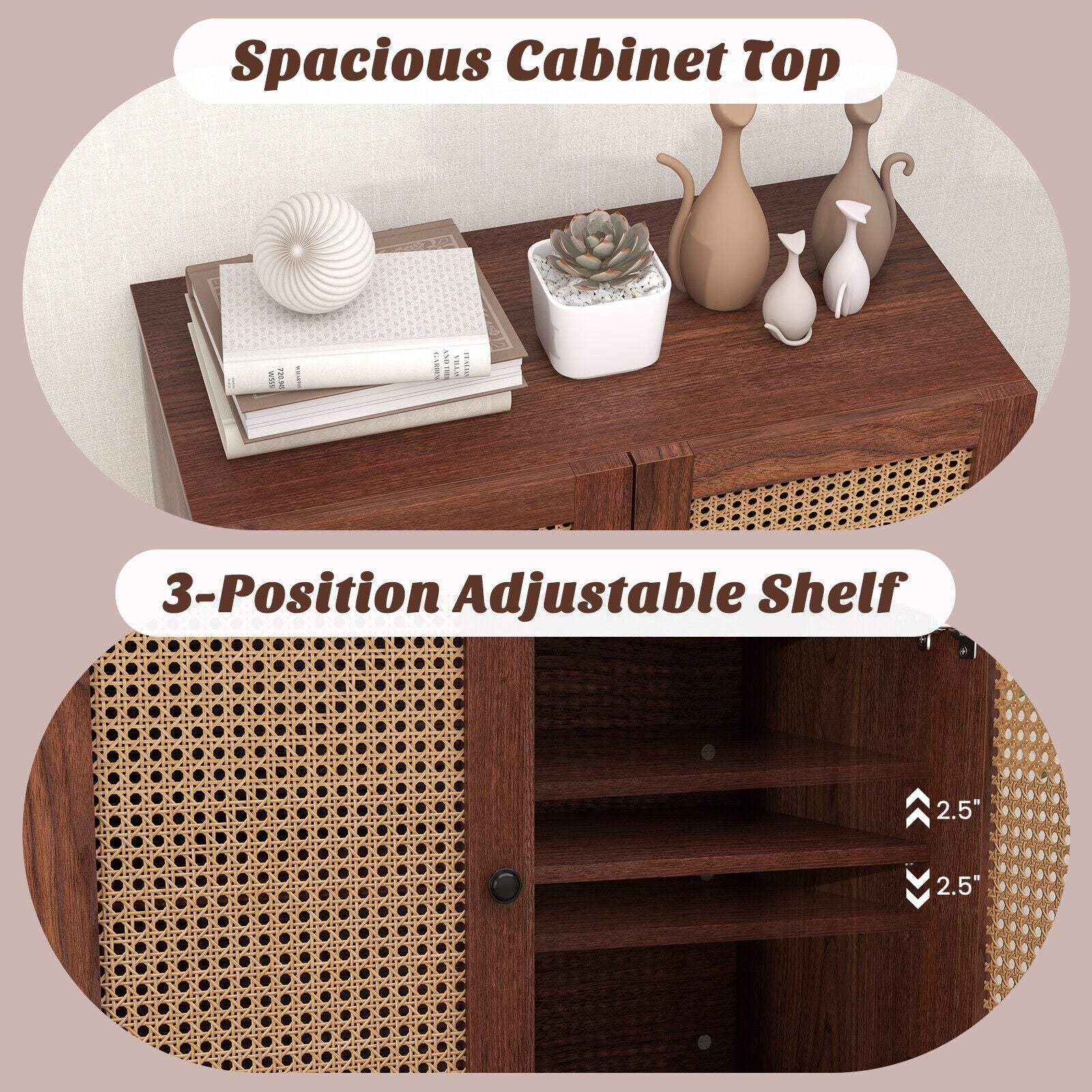 Kitchen Sideboard with 2 Rattan Doors and Adjustable Shelf-Walnut