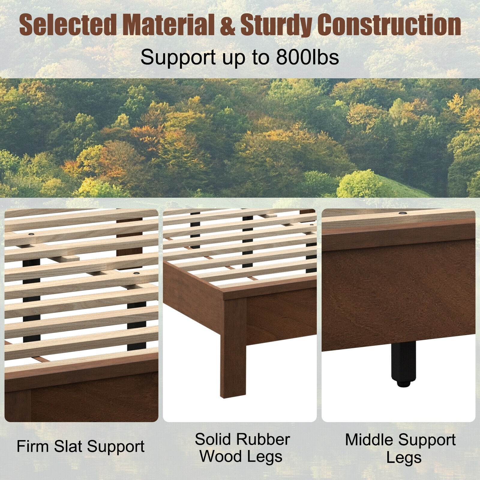 Queen Size Bed Frame Platform Slat High Headboard Bedroom with Rubber Wood Leg-Walnut
