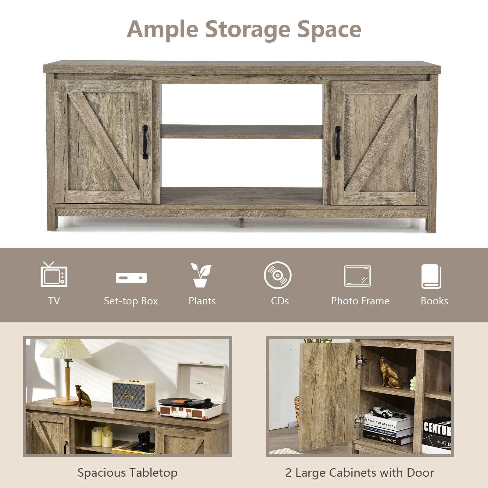 59 Inches TV Stand Media Console Center with Storage Cabinet-Natural