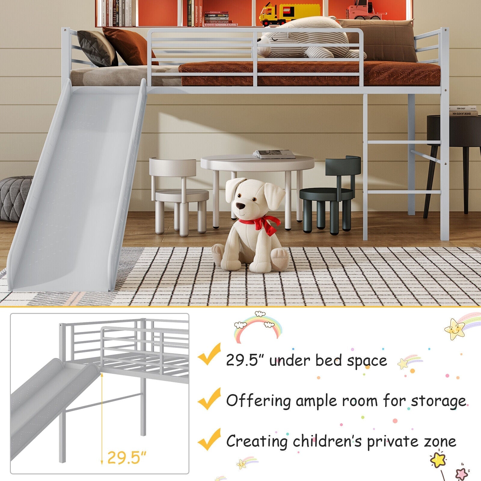 Twin Metal Loft Bed with Slide Safety Guardrails and Built-in Ladder-Silver