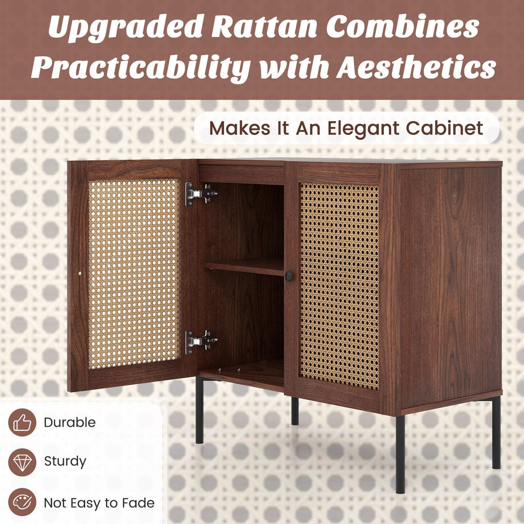 Kitchen Sideboard with 2 Rattan Doors and Adjustable Shelf-Walnut