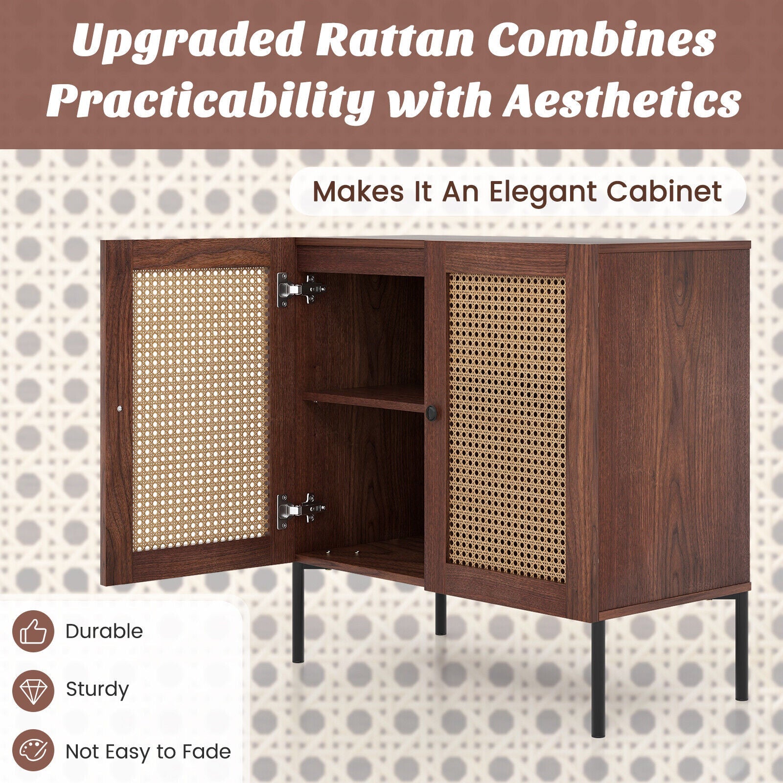 Kitchen Sideboard with 2 Rattan Doors and Adjustable Shelf-Walnut