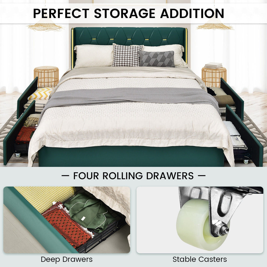 Full/Queen Size Upholstered Bed Frame with 4 Drawers-Green-Full Size
