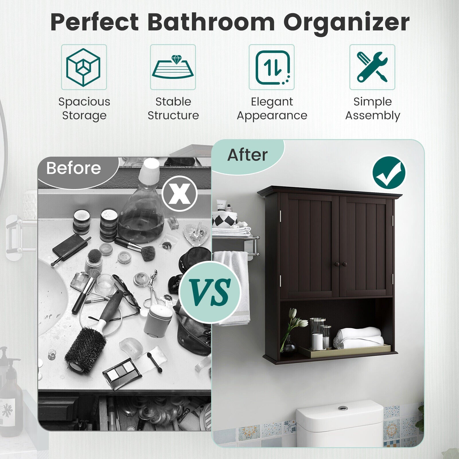 2-Door Wall Mount Bathroom Storage Cabinet with Open Shelf-Espresso