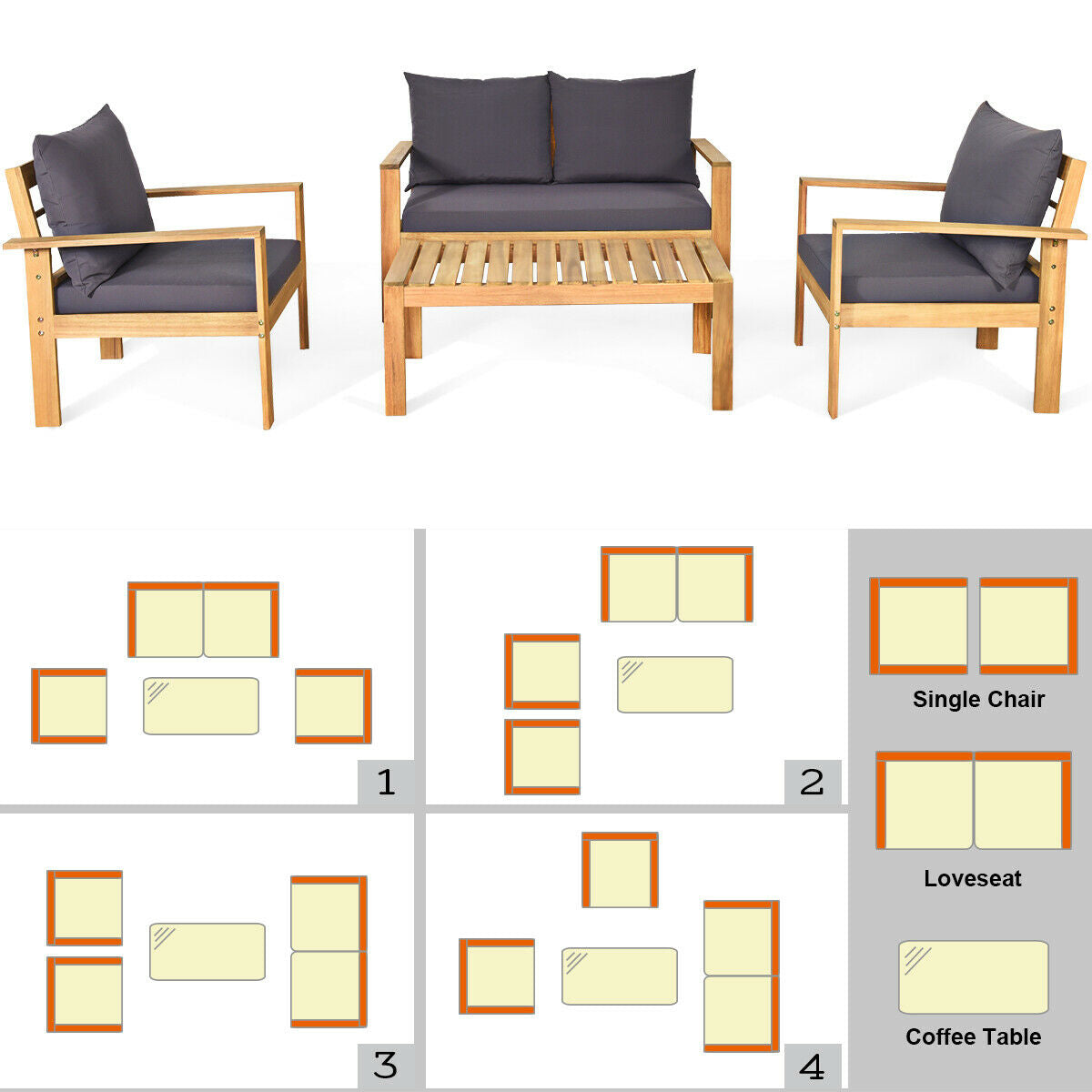 Outdoor 4 Pieces Acacia Wood Chat Set with Water Resistant Cushions-Gray