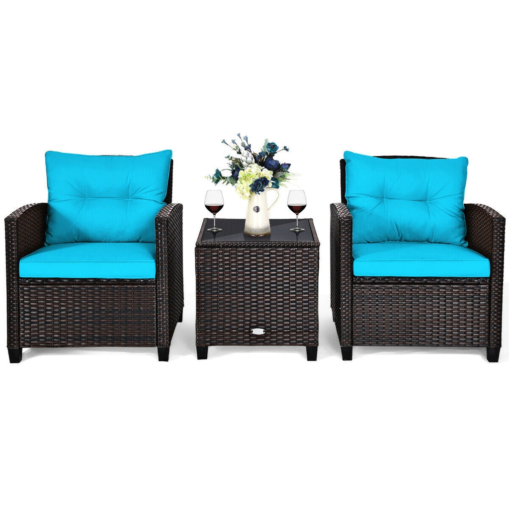 3 Pcs Patio Rattan Furniture Set Cushioned Conversation Set Coffee Table-Turquoise