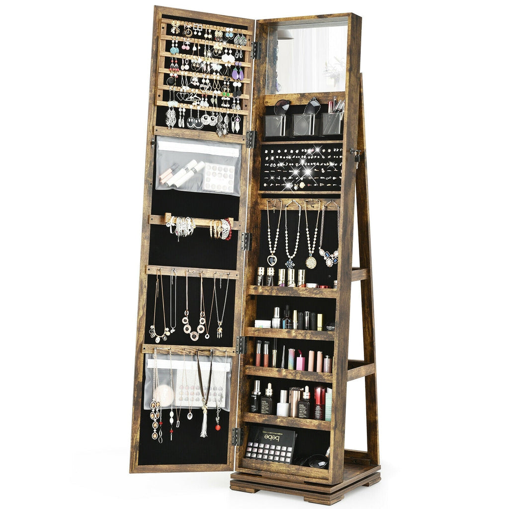 360° Rotatable 2-in-1 Lockable Jewelry Cabinet with Full-Length Mirror-Rustic Brown