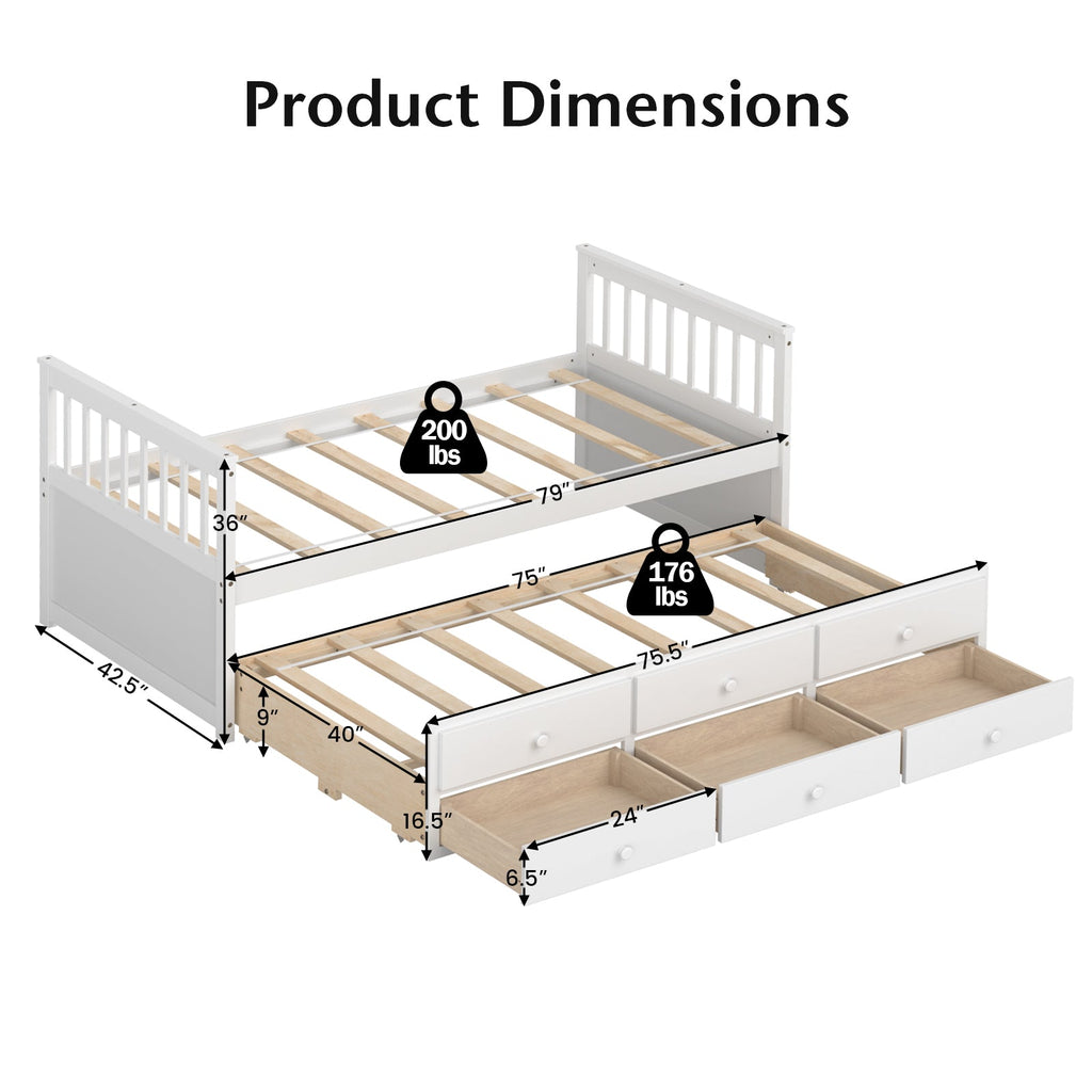 Twin Captain’s Bed with Trundle and 3 Storage Drawers-White