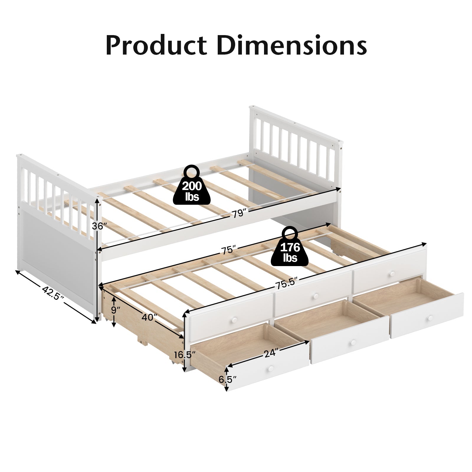 Twin Captain’s Bed with Trundle and 3 Storage Drawers-White