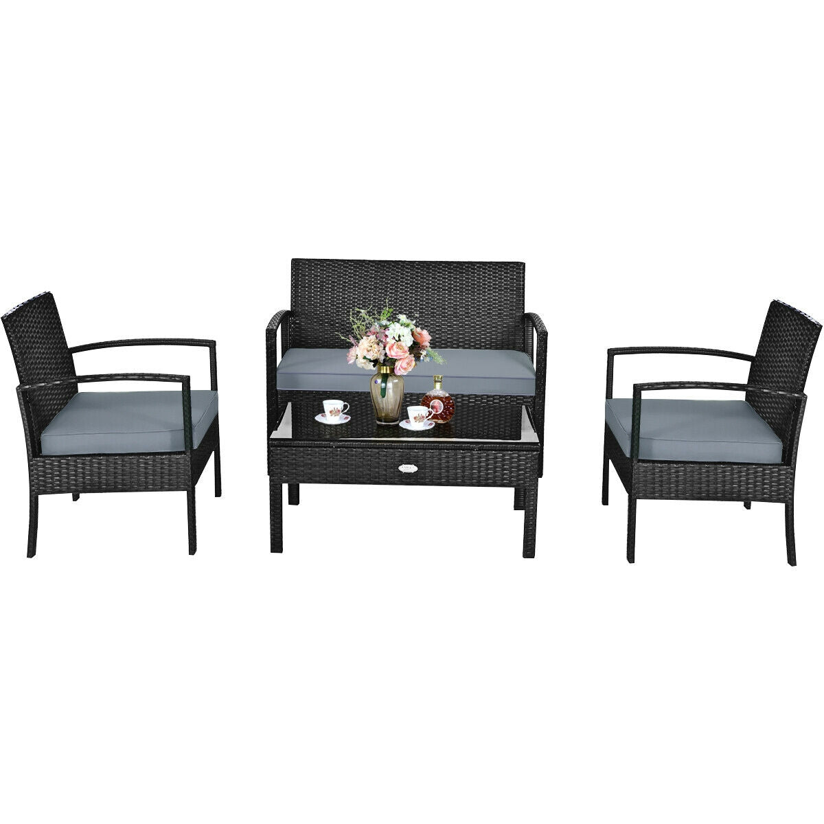 4 Pieces Patio Rattan Cushioned Furniture Set-Gray