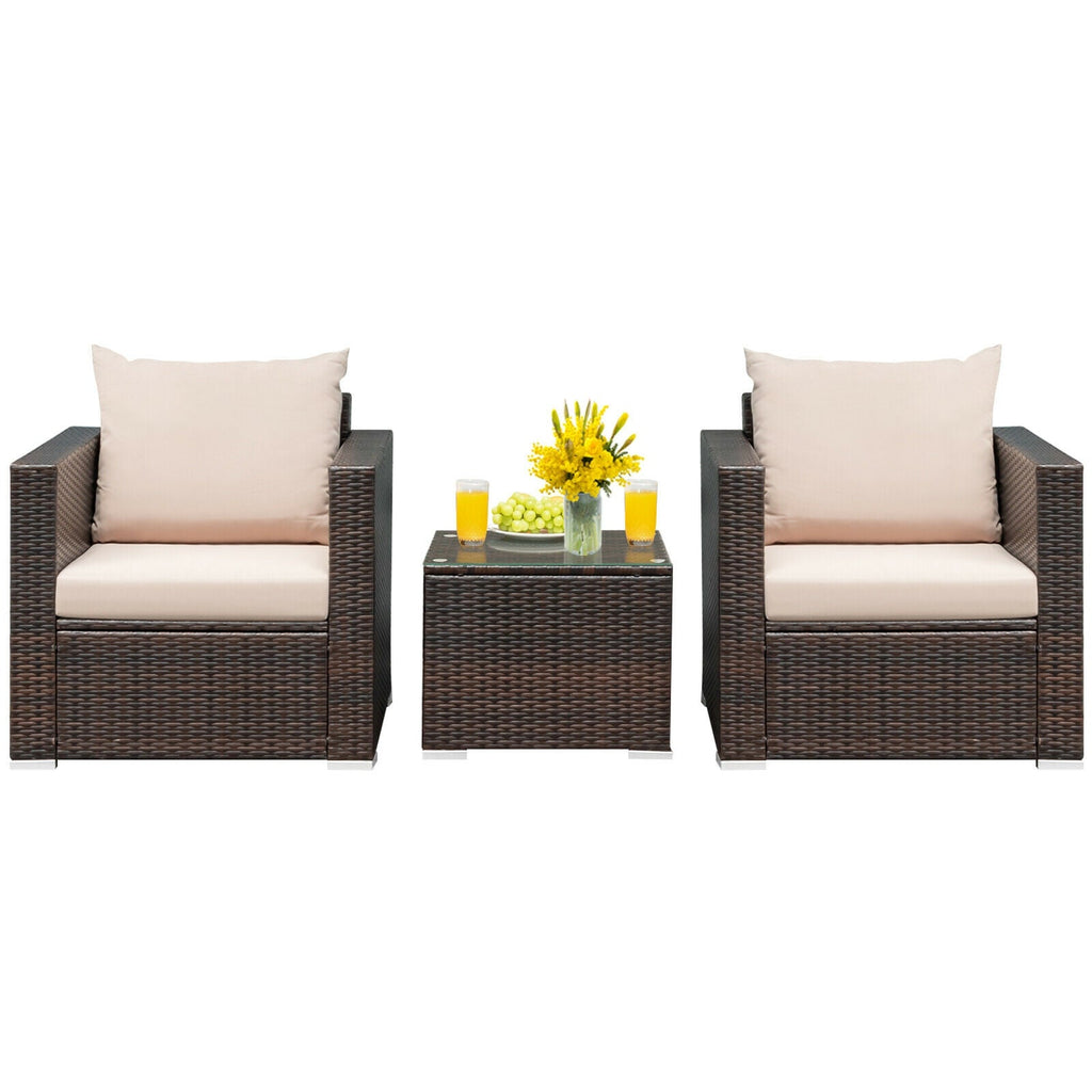 3 Pcs Patio Conversation Rattan Furniture Set with Cushion-Beige
