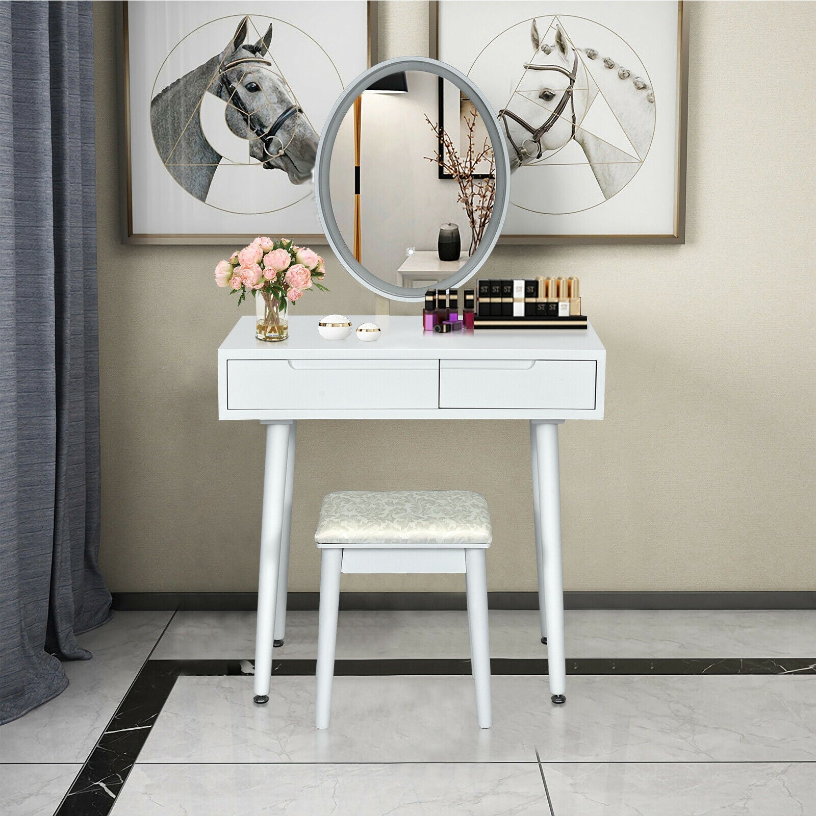 Touch Screen Vanity Makeup Table Stool Set with Lighted Mirror-White