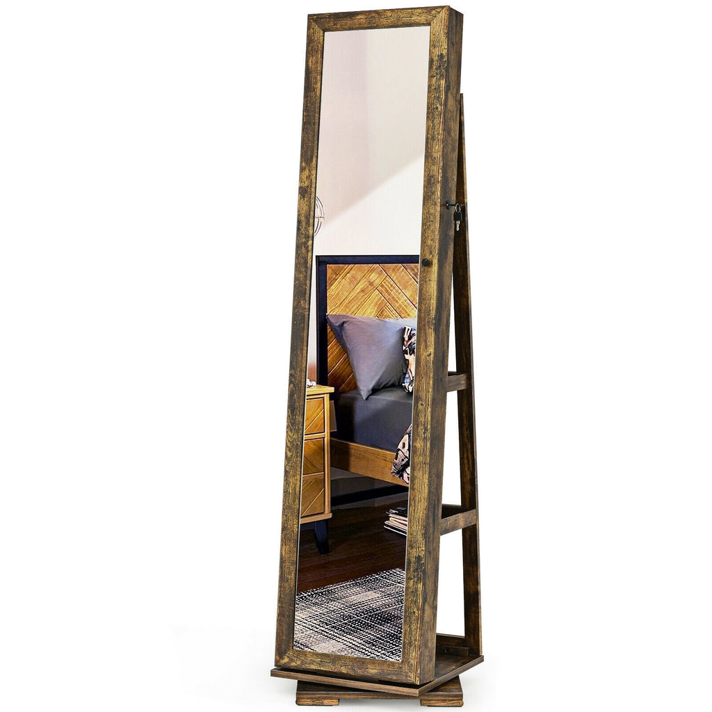 360° Rotatable 2-in-1 Lockable Jewelry Cabinet with Full-Length Mirror-Rustic Brown