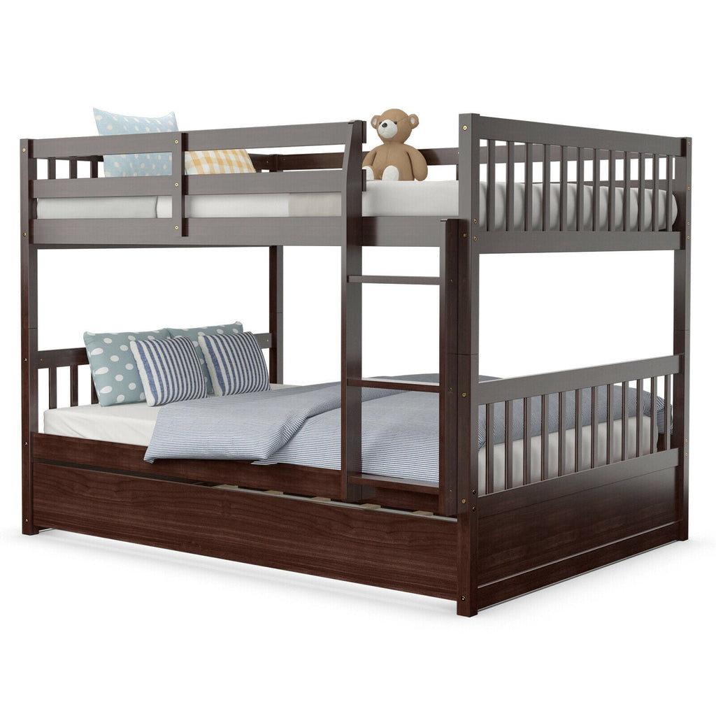 Full over Full Bunk Bed Platform Wood Bed with Ladder-Brown