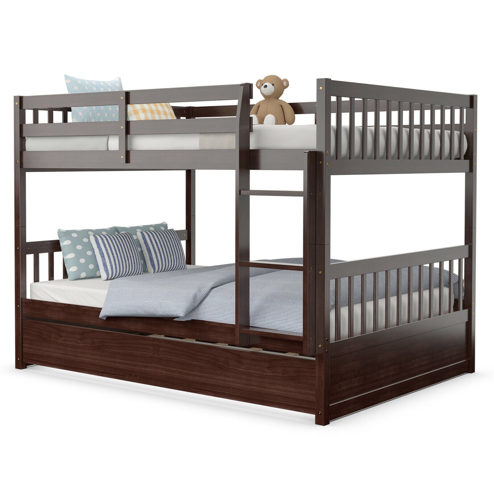 Full over Full Bunk Bed Platform Wood Bed with Ladder-Brown