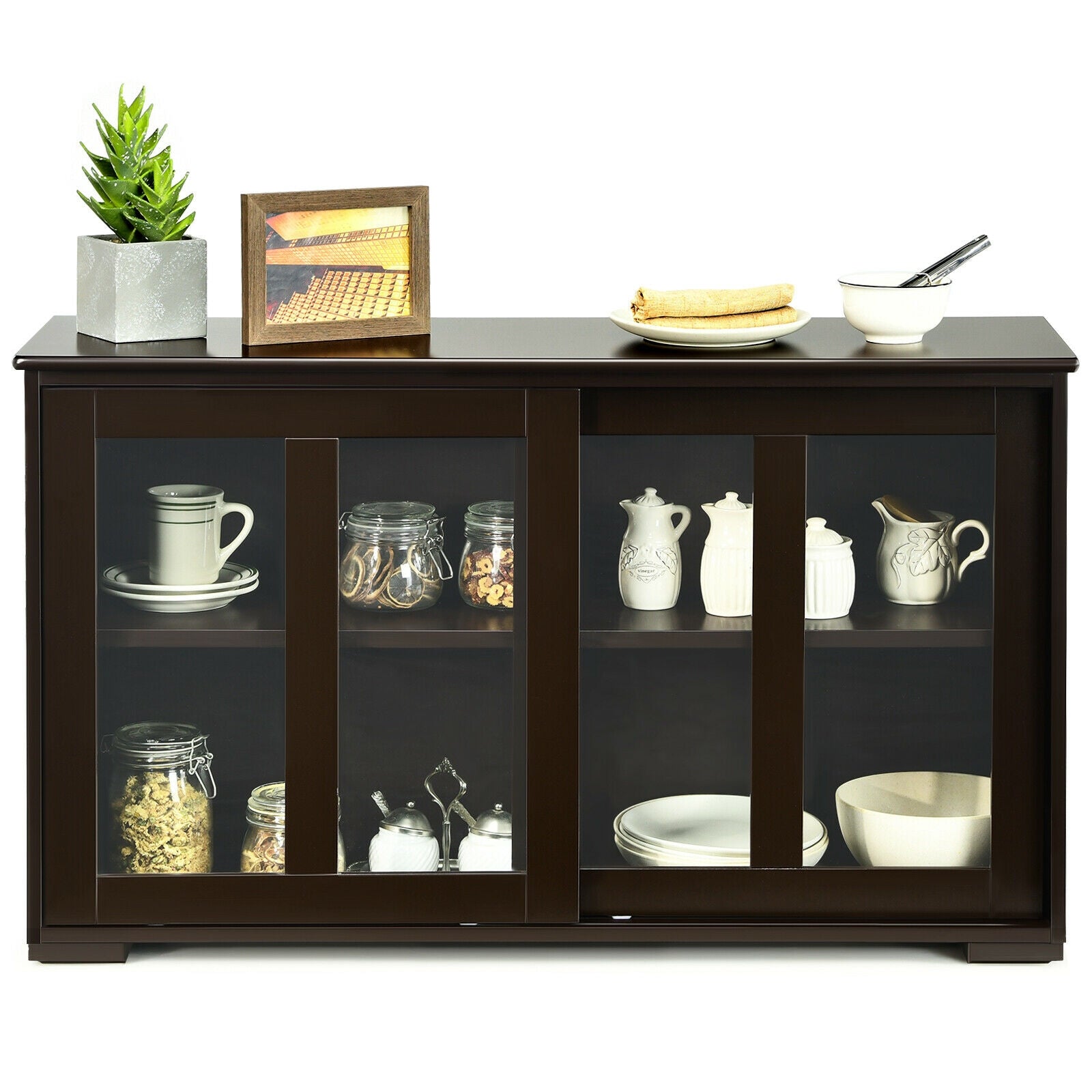 Sideboard Buffet Cupboard Storage Cabinet with Sliding Door-Brown