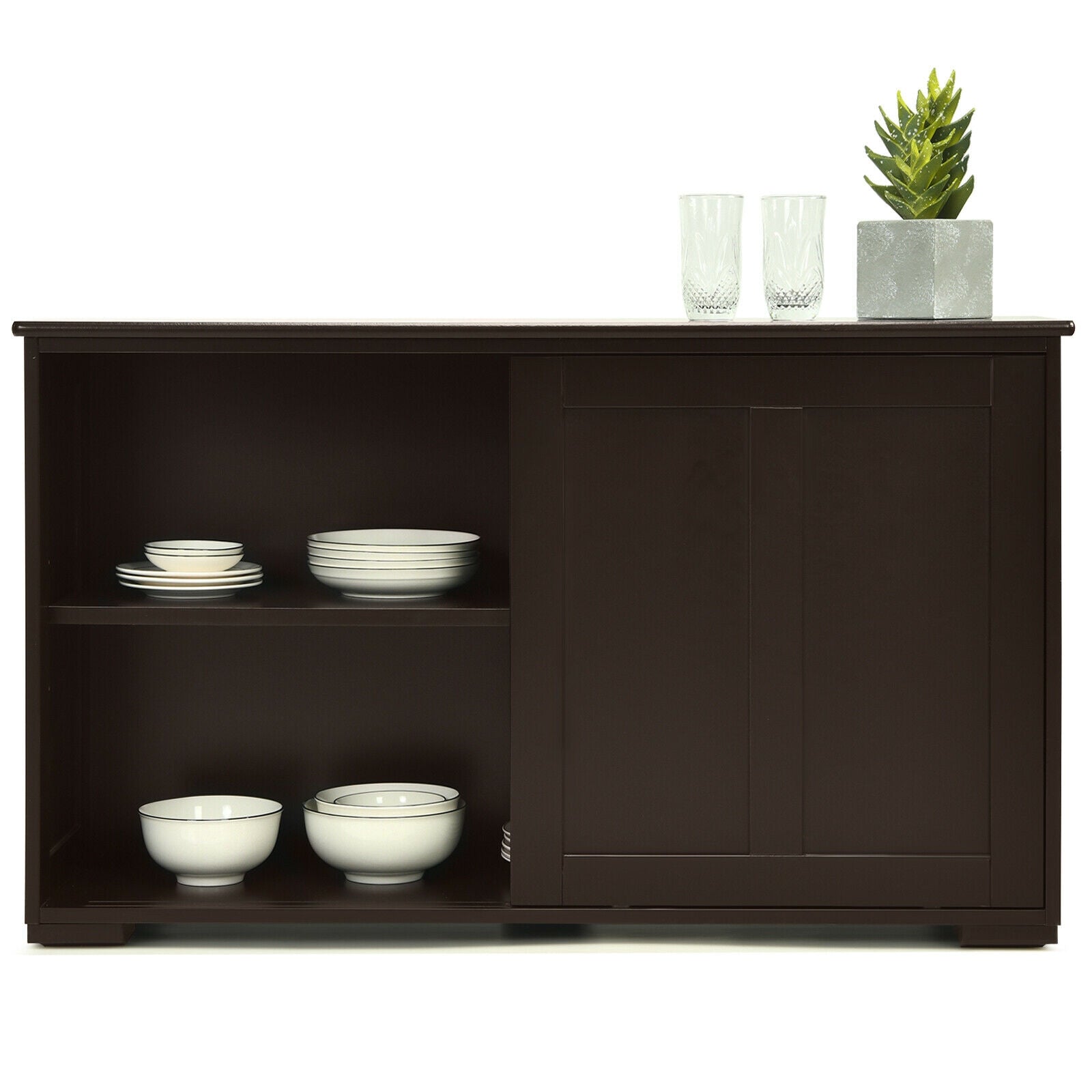 Kitchen Storage Cabinet with Wood Sliding Door-Brown