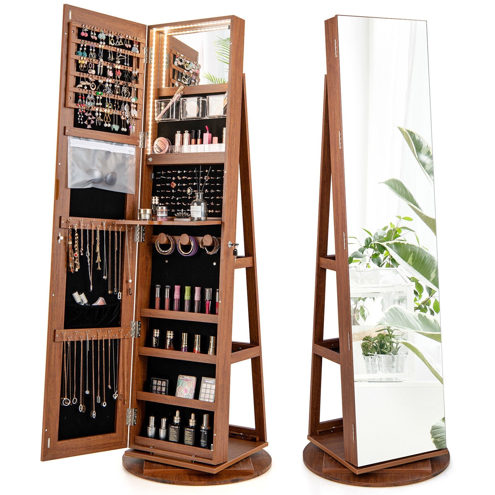 360° Rotating Mirrored Jewelry Cabinet Armoire 3 Color LED Modes Lockable-Dark Brown