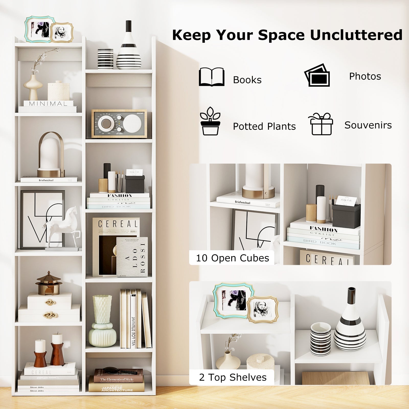 11-Tier Modern Book Organizer Bookcase with Anti-Tipping Kits-White