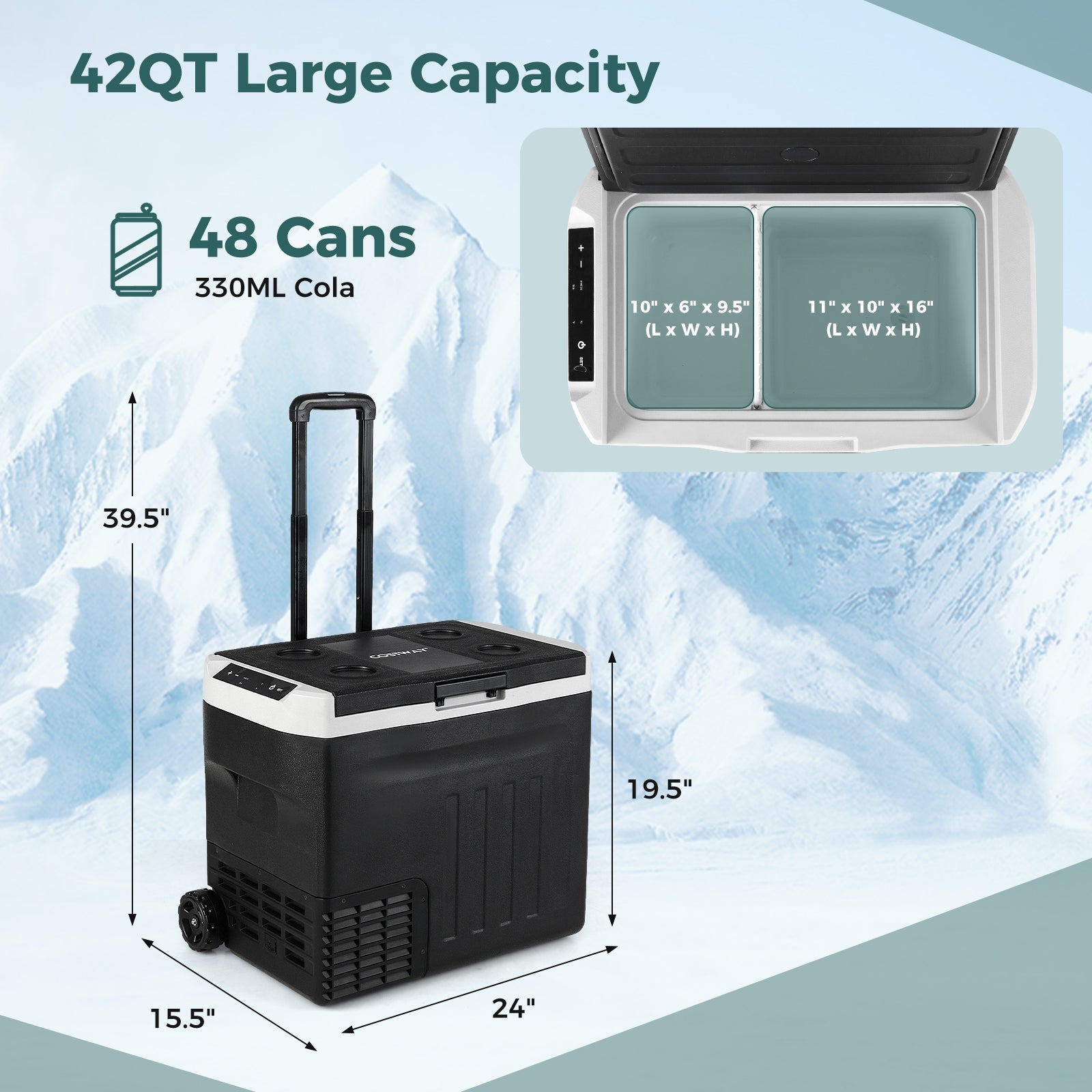12V Car Refrigerator 42QT with Touch Panel and Removable Divider-L
