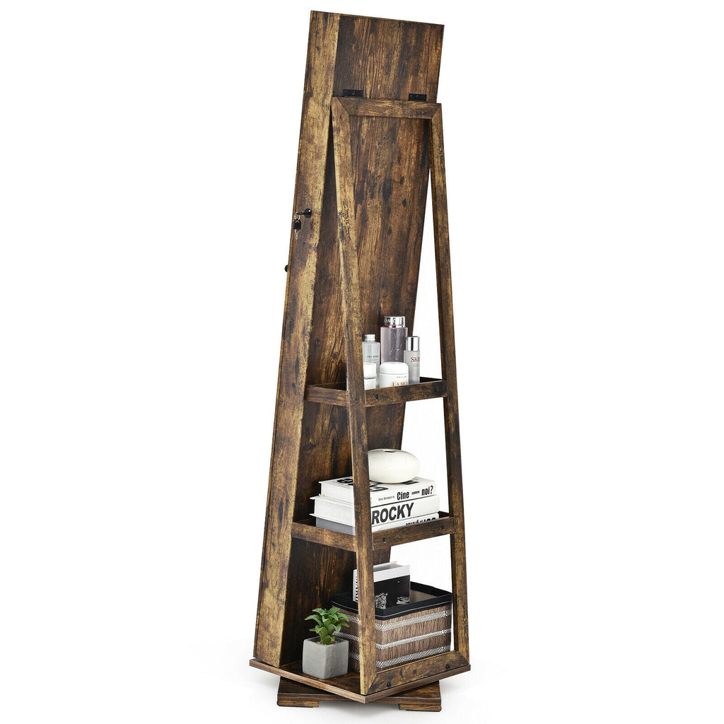 360° Rotatable 2-in-1 Lockable Jewelry Cabinet with Full-Length Mirror-Rustic Brown