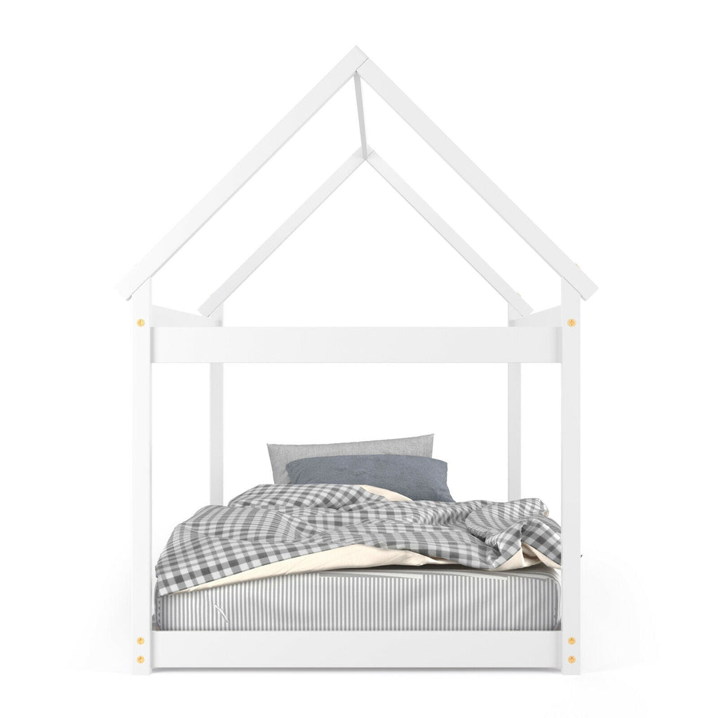 Stable Kids Platform Floor Bed with Roof ang Heavy-Duty Slats-White