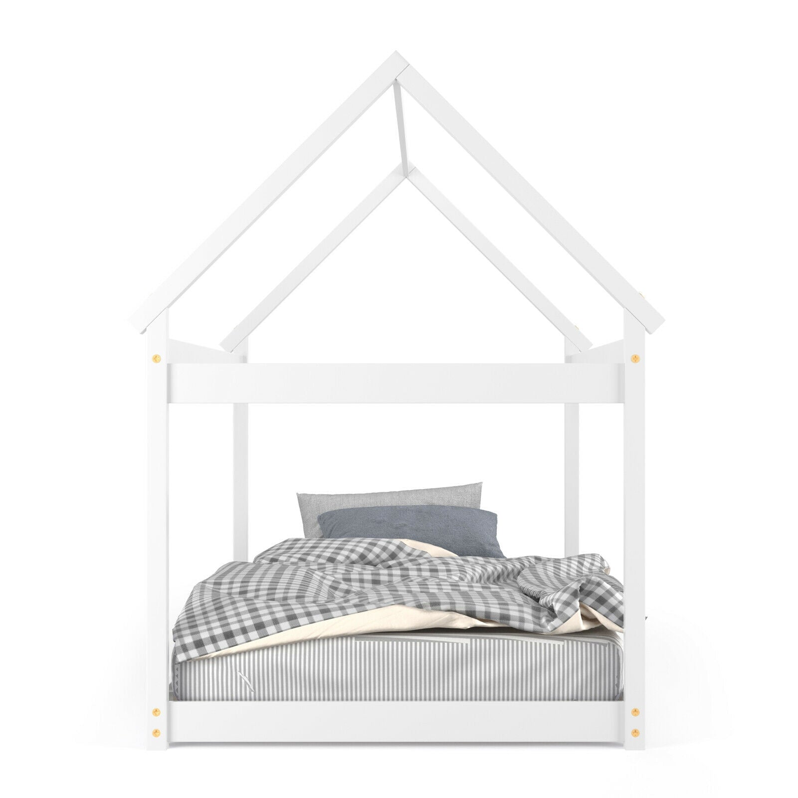 Stable Kids Platform Floor Bed with Roof ang Heavy-Duty Slats-White