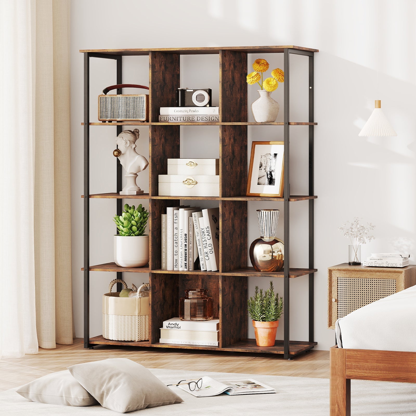 12-Cube Bookcase with 2 Anti-tipping Kits for Living Room-Rustic Brown