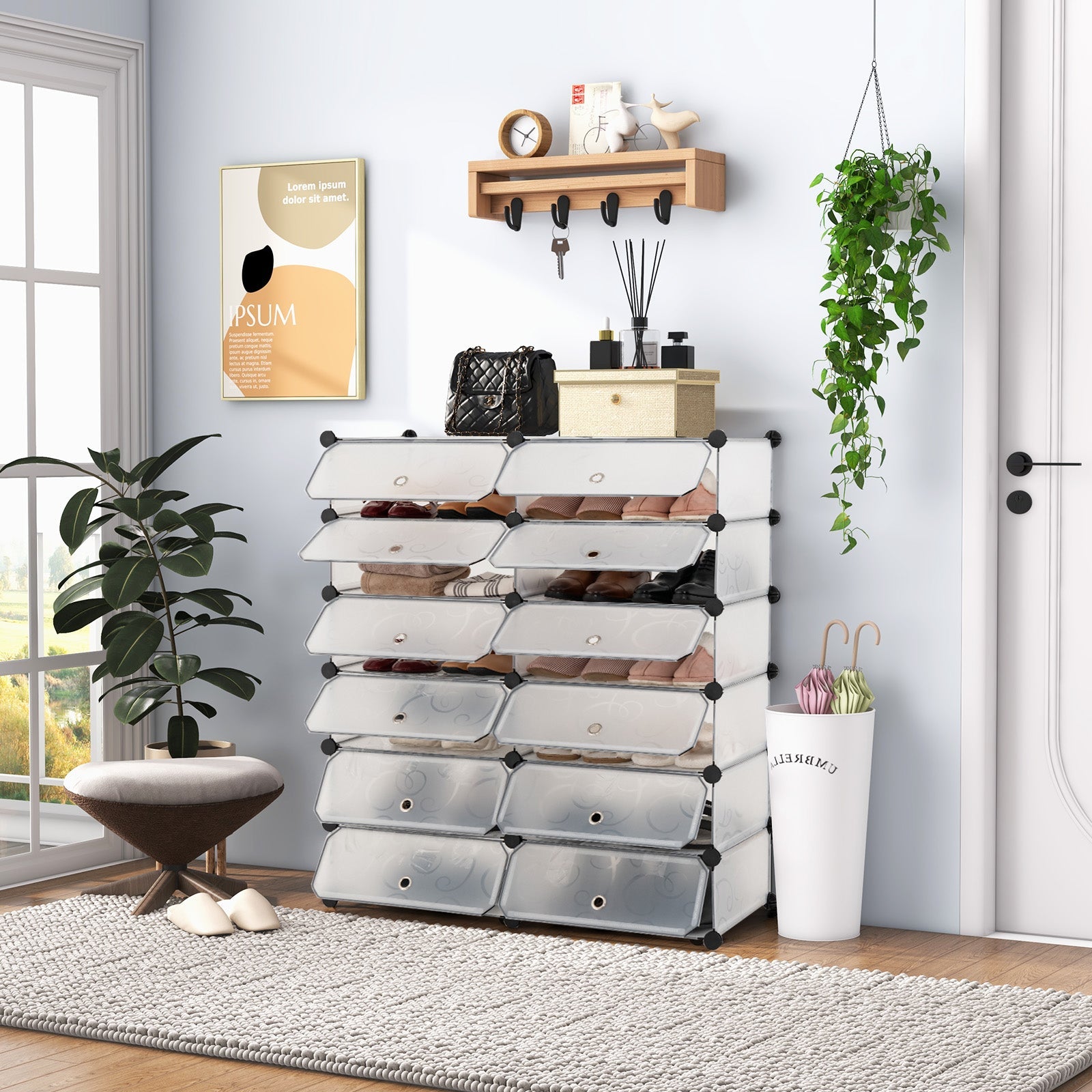 12-Cube DIY Portable Plastic Shoe Rack with Transparent Doors-White