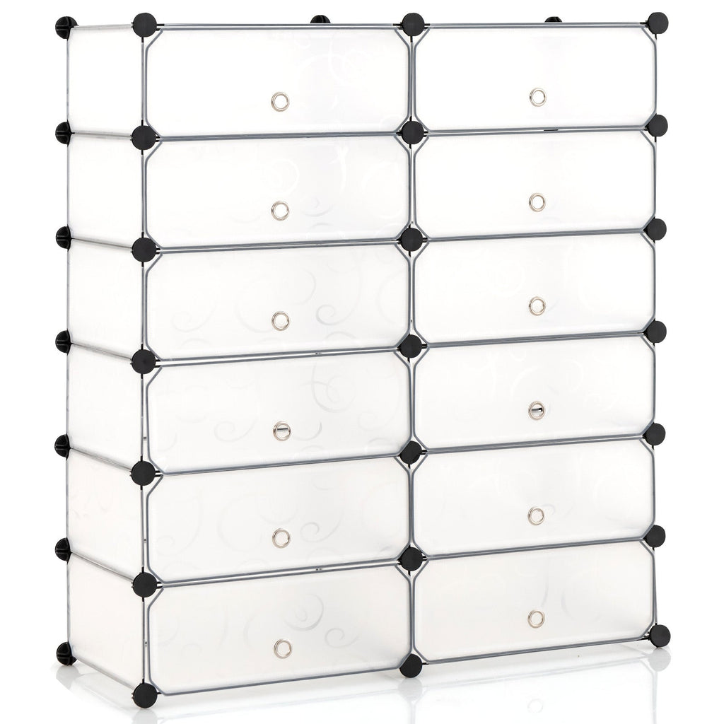 12-Cube DIY Portable Plastic Shoe Rack with Transparent Doors-White