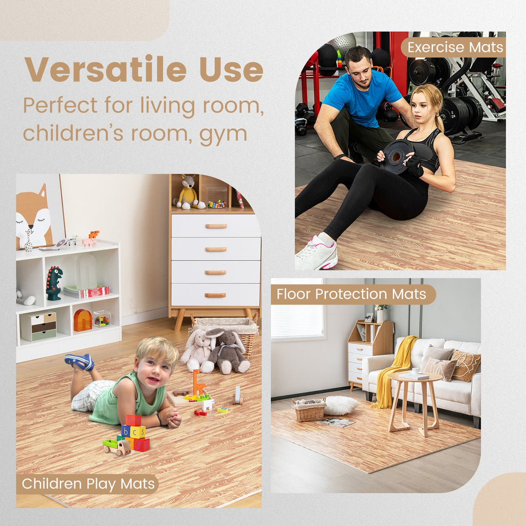 12 Tiles Wood Grain Foam Floor Mats with Borders