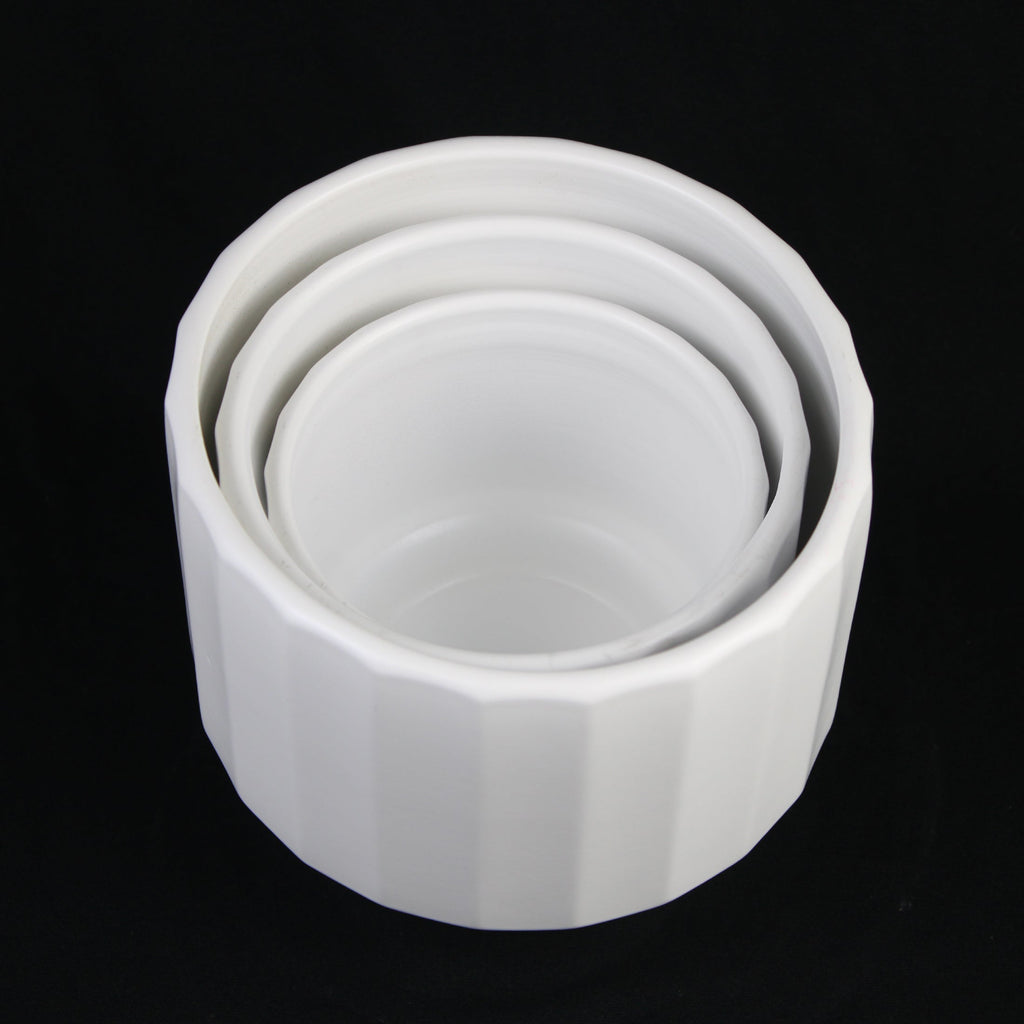 3-Piece White Stoneware Planter Set with Fluted Design