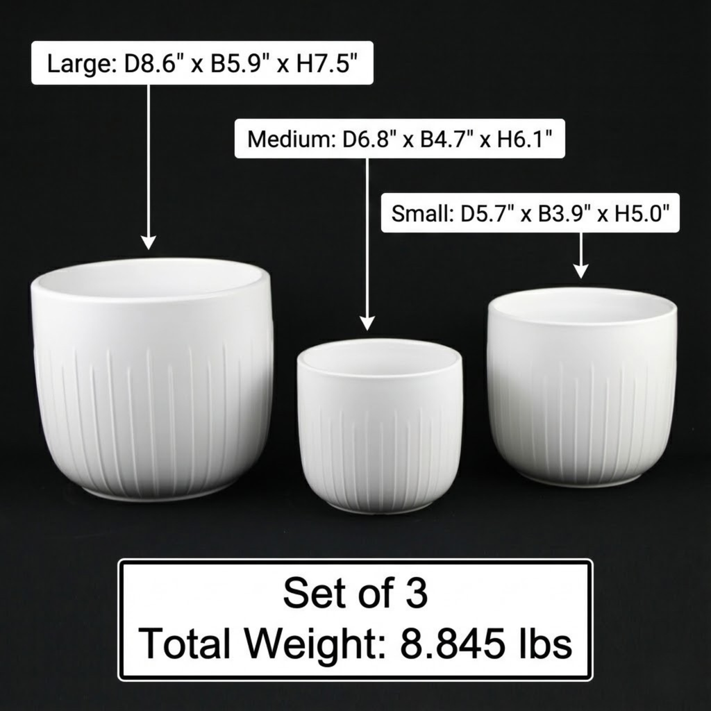 3-Piece White Stoneware Planter Pot Set with Vertical Groove Texture